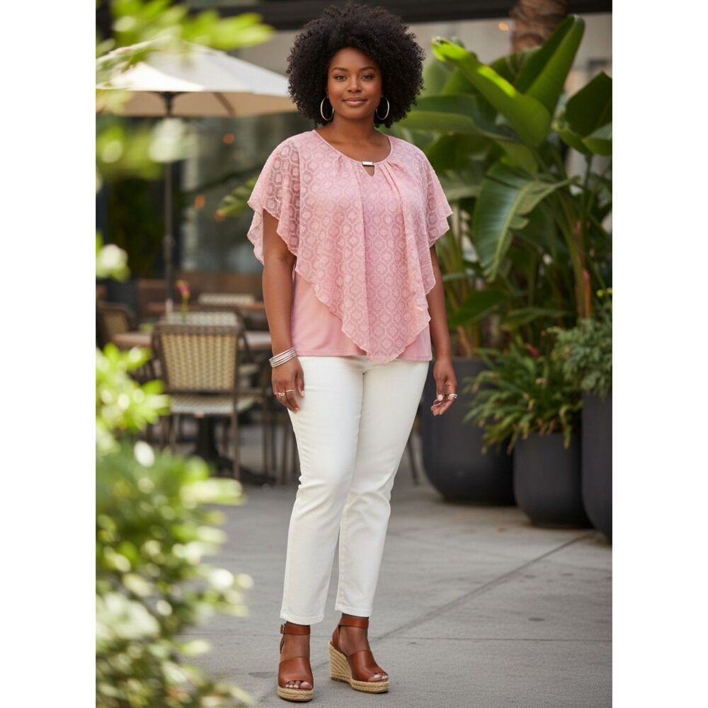 Notations Womens Blush Pink Lace Overlay Cape Sleeve Top Size L